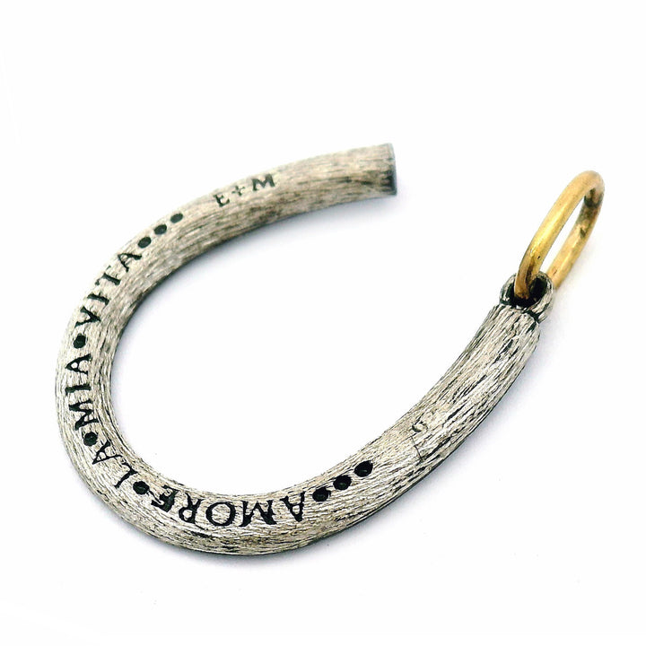 Diamond Horseshoe Pendant in Oxidized Silver & 14K Gold