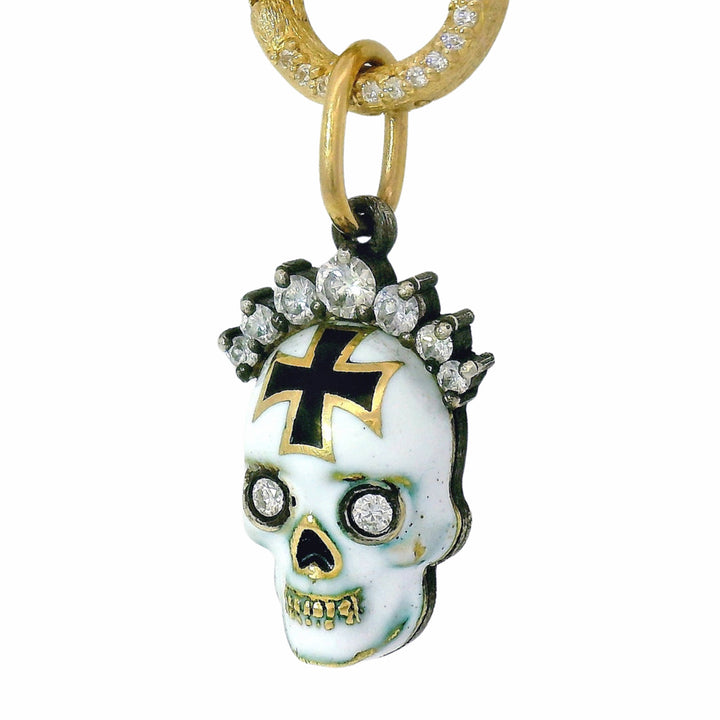 Relic skull pendant by Erica Molinari with diamond tiara and gold accents