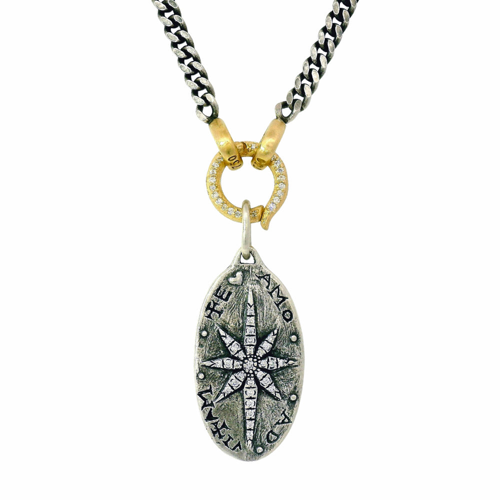 Diamond & Sterling Silver Large Oval Pendant - "Fleur de Lis & North Star"