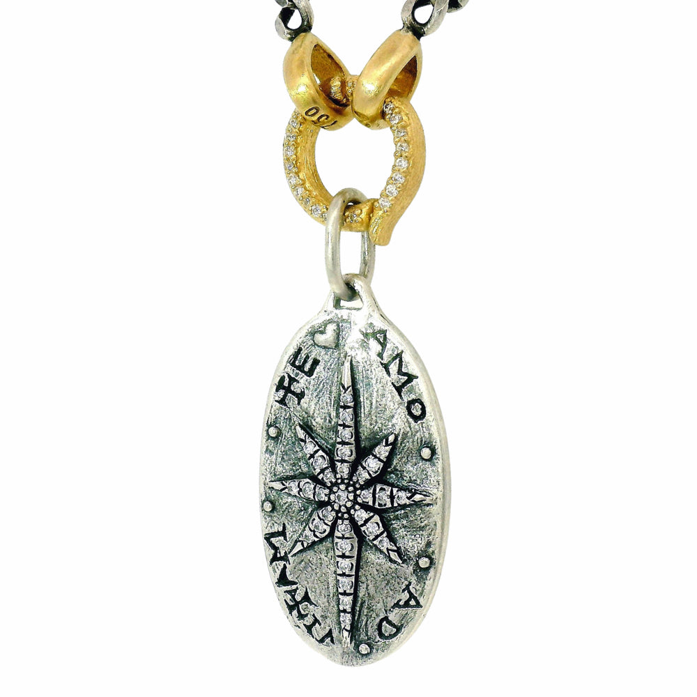 Diamond & Sterling Silver Large Oval Pendant - "Fleur de Lis & North Star"