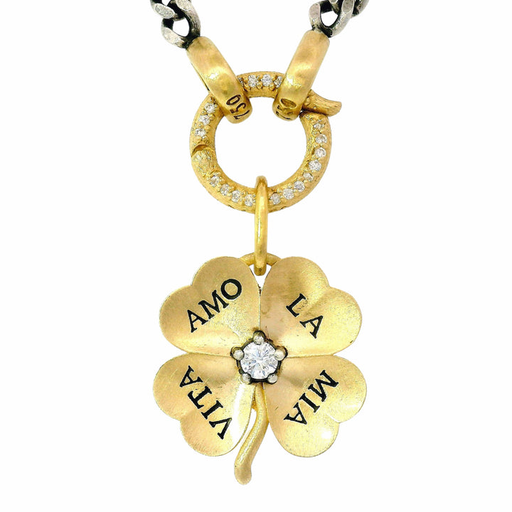 Four-leaf clover charm with Italian engraving and diamond center
