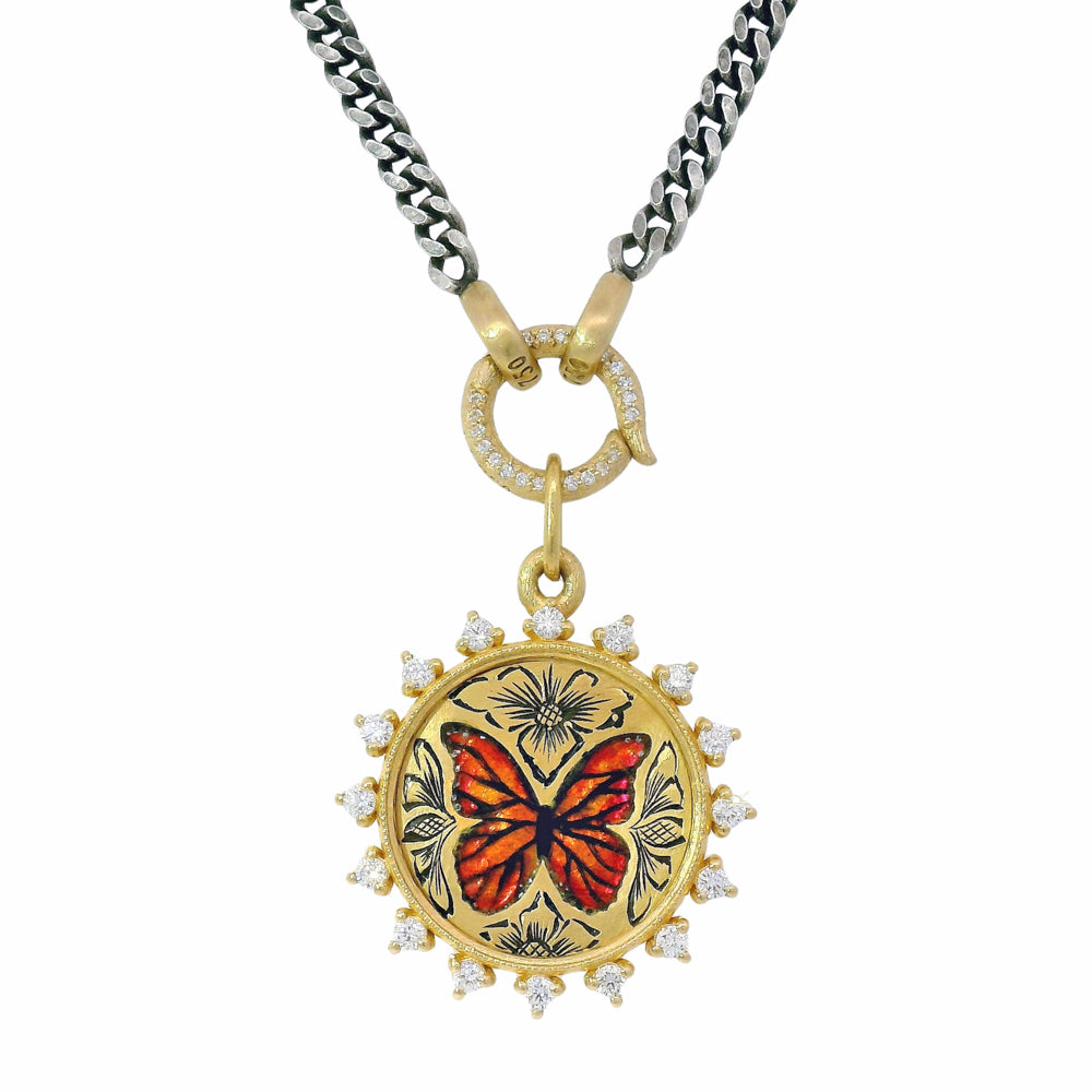Gold Pendant With Enamel & Diamonds - "Farfalla"