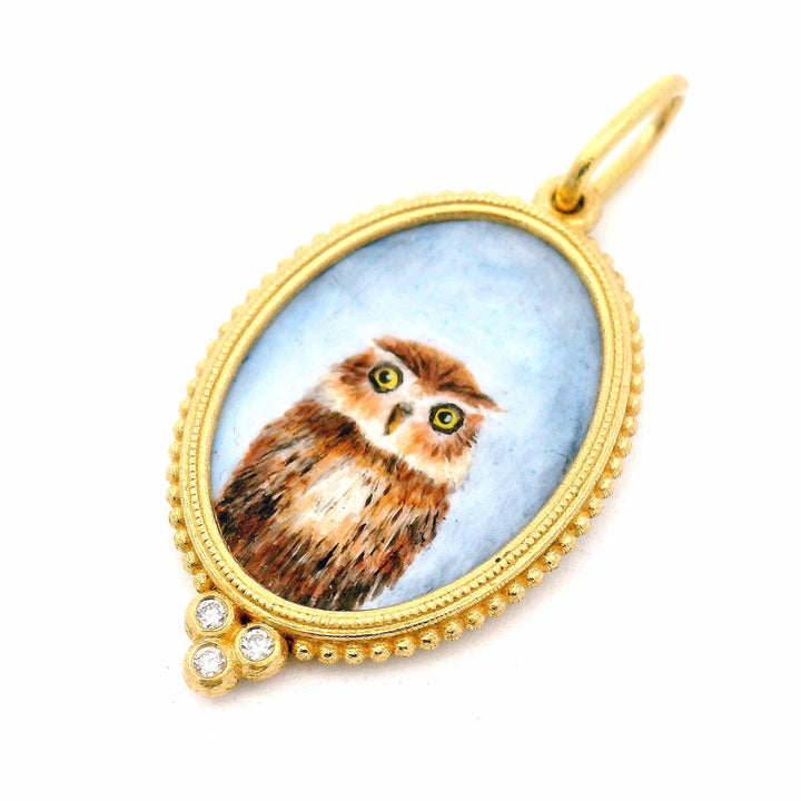 Vitreous Enamel & Diamond Gold Charm Pendant - "Baby Hoot Owl"