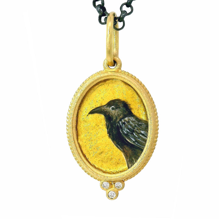 Vitreous Enamel, Gold Foil & Diamond Charm Pendant - "Raven"