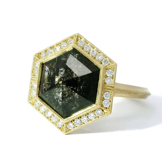 Hexagon Salt & Pepper Diamond Ring - "Agatha Halo"