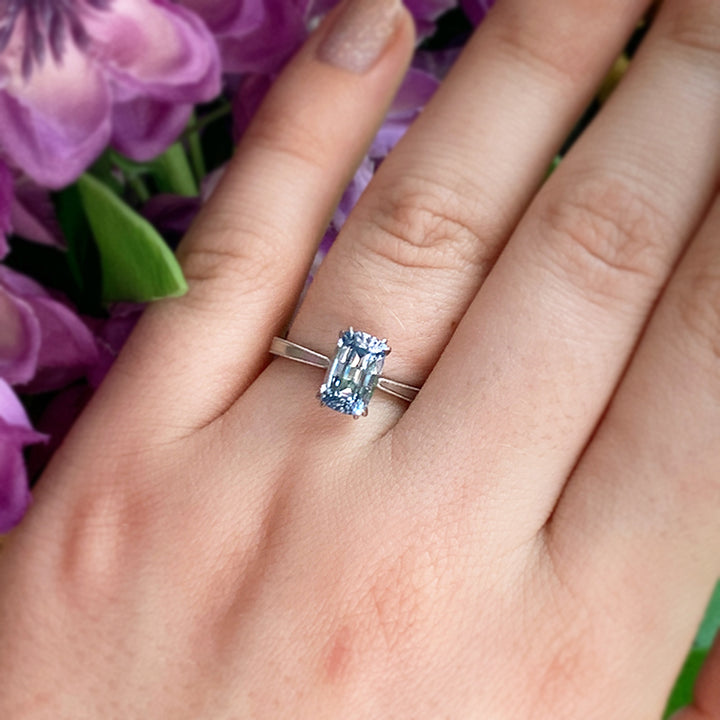 Platinum & Cushion Montana Sapphire Solitaire Ring - "Laurel Cathedral"