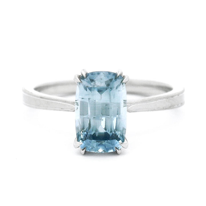 Platinum & Cushion Montana Sapphire Solitaire Ring - "Laurel Cathedral"