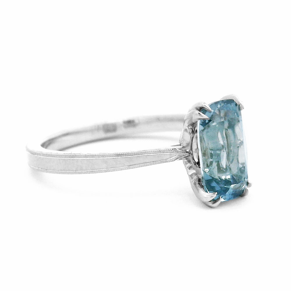 Platinum & Cushion Montana Sapphire Solitaire Ring - "Laurel Cathedral"
