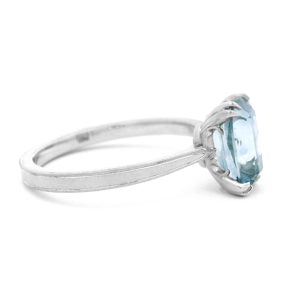 Platinum & Cushion Montana Sapphire Solitaire Ring - "Laurel Cathedral"