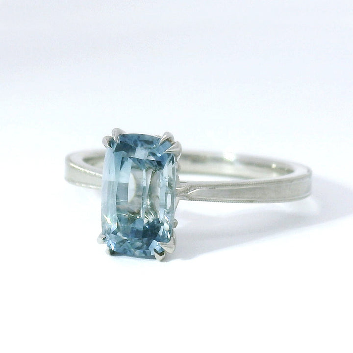 Platinum & Cushion Montana Sapphire Solitaire Ring - "Laurel Cathedral"