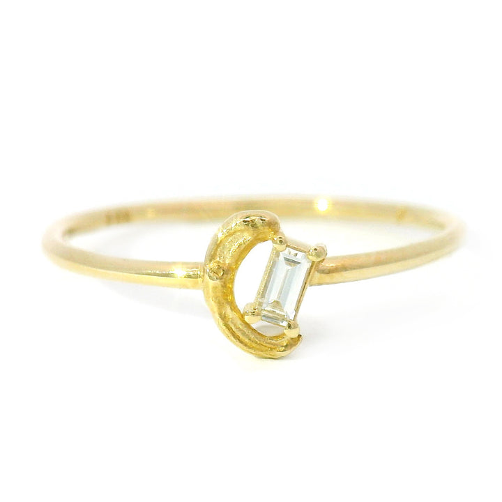 Dainty Diamond Baguette & Yellow Gold Ring - "Brushed Glimmer"