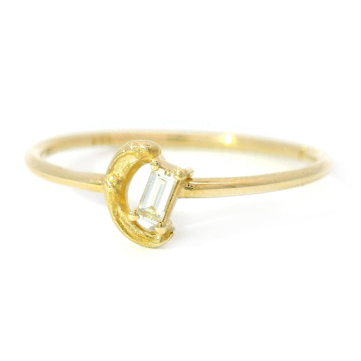 Dainty Diamond Baguette & Yellow Gold Ring - "Brushed Glimmer"
