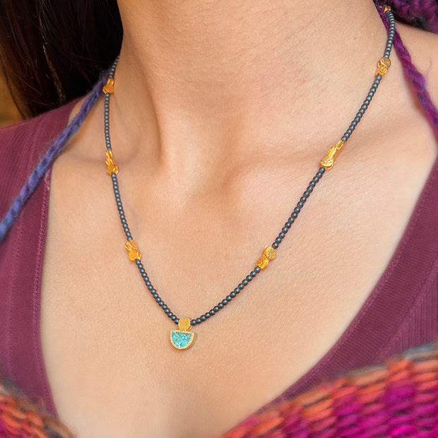 Sterling Silver, Gold Vermeil & Turquoise Necklace - "Encapsulated Sky"