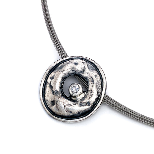 Sterling Silver & White Sapphire Circle Pendant - "Ice Age"