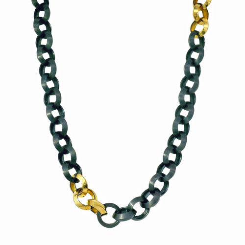 Oxidized Sterling Silver and Gold Link Chain Necklace - "Three Strikes"