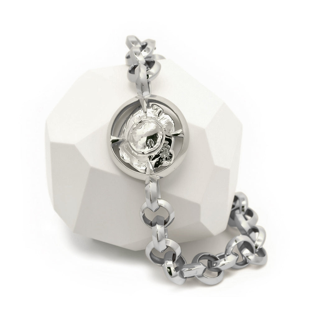 Ricochet sterling silver bracelet with sculptural centerpiece