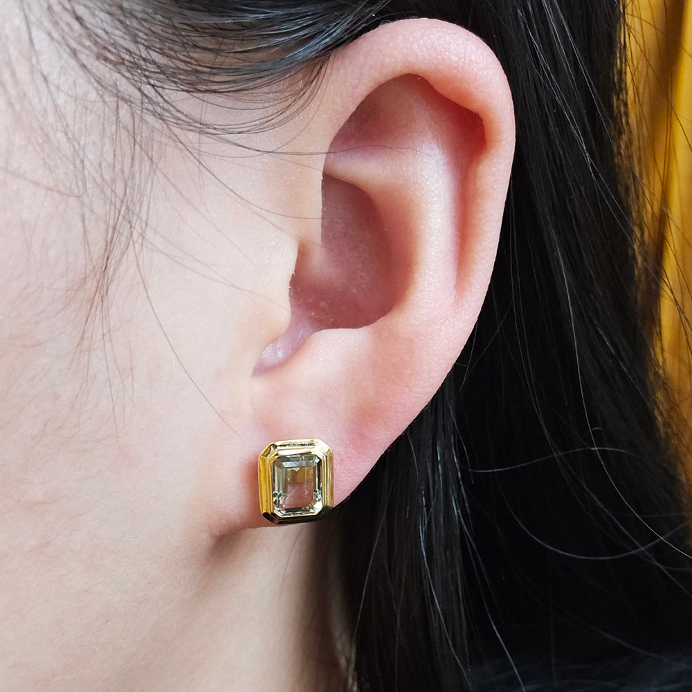Emerald-Cut Prasiolite & Gold Earrings - "Manhattan"