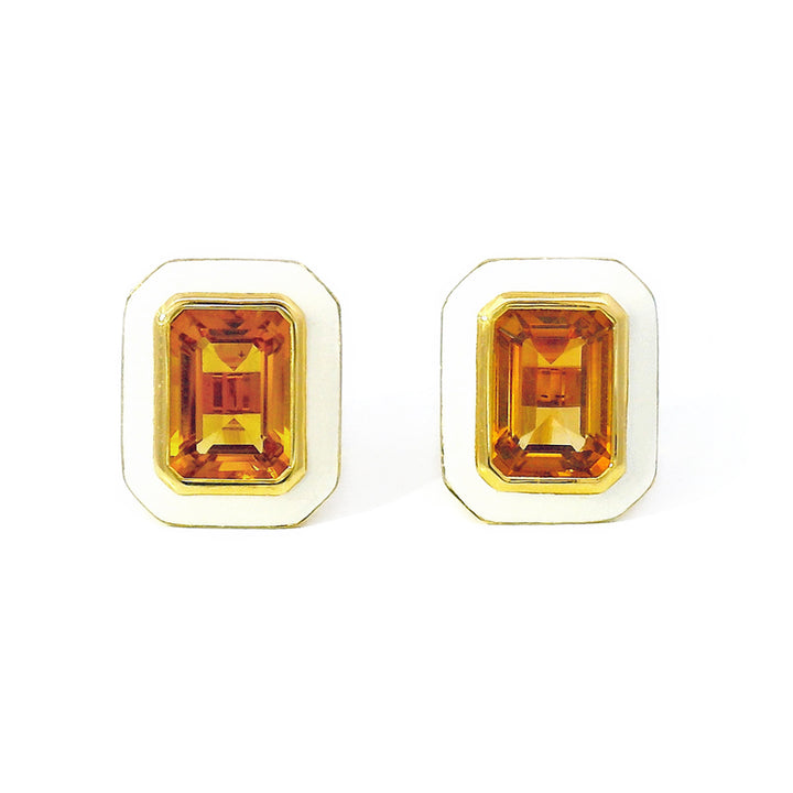 Emerald Cut Citrine & Enamel Stud Earrings - "Queen"