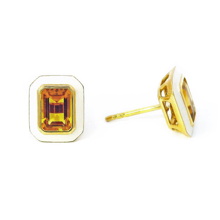Emerald Cut Citrine & Enamel Stud Earrings - "Queen"