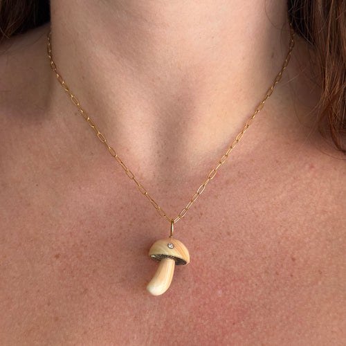 Apricot Conch Shell Mushroom & Diamond Pendant - "Mycena"