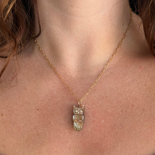 Penguin Wing Oyster Shell & Diamond Pendant - "Copper Owl"