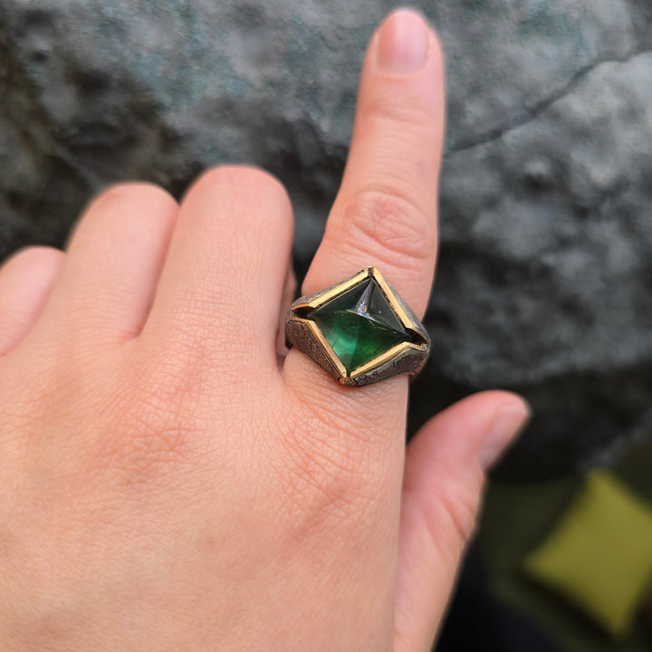 Green Tourmaline Sugarloaf & Diamond Domed Ring - "Glade"