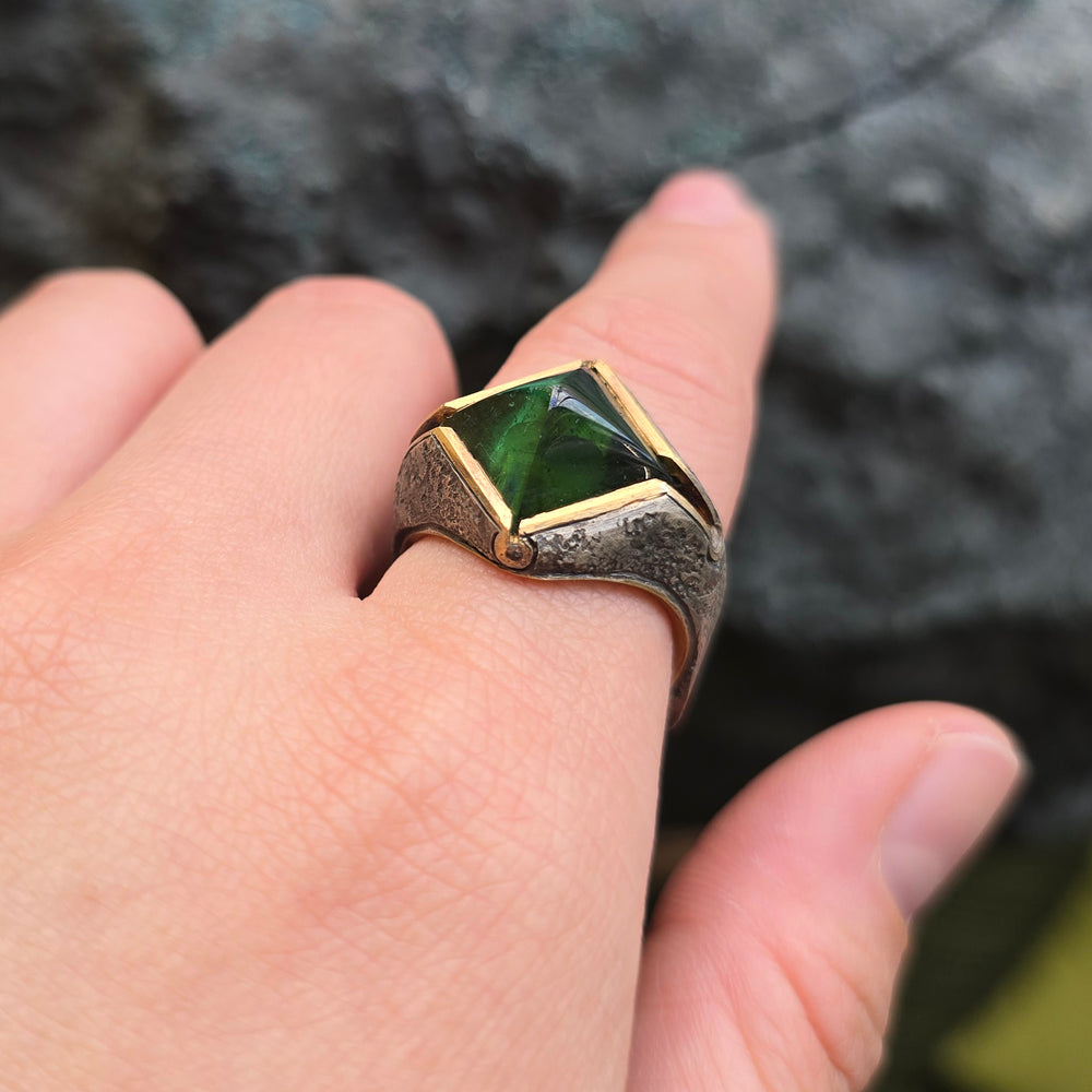 Green Tourmaline Sugarloaf & Diamond Domed Ring - "Glade"