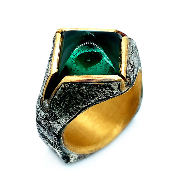 Green Tourmaline Sugarloaf & Diamond Domed Ring - "Glade"