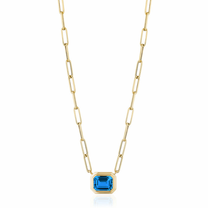Emerald-Cut Blue Topaz Paperclip Necklace - "Manhattan"