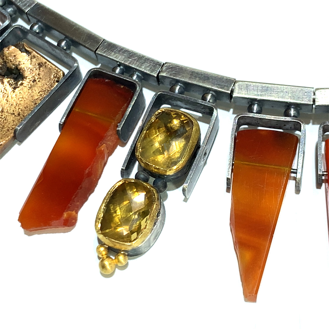 Carnelian, Citrine, Sterling Silver & Bronze Necklace - "Pele"