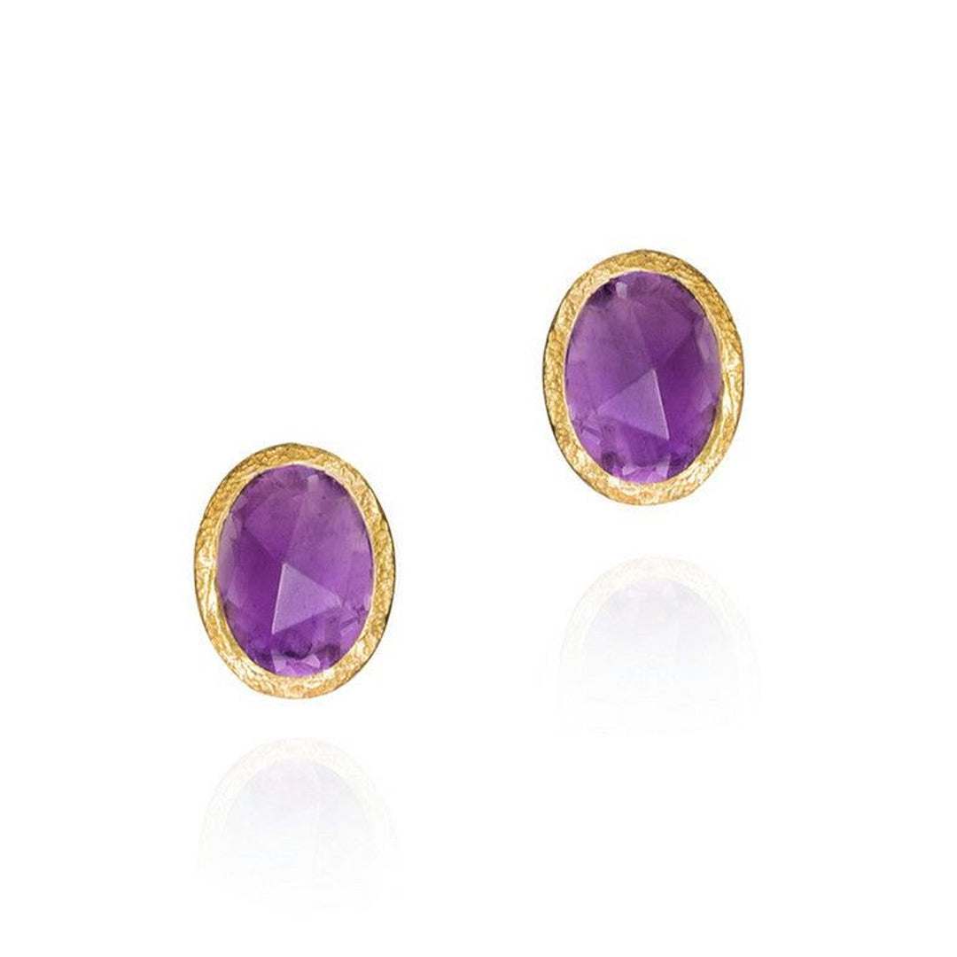 Purple amethyst stud earrings with friction post closure
