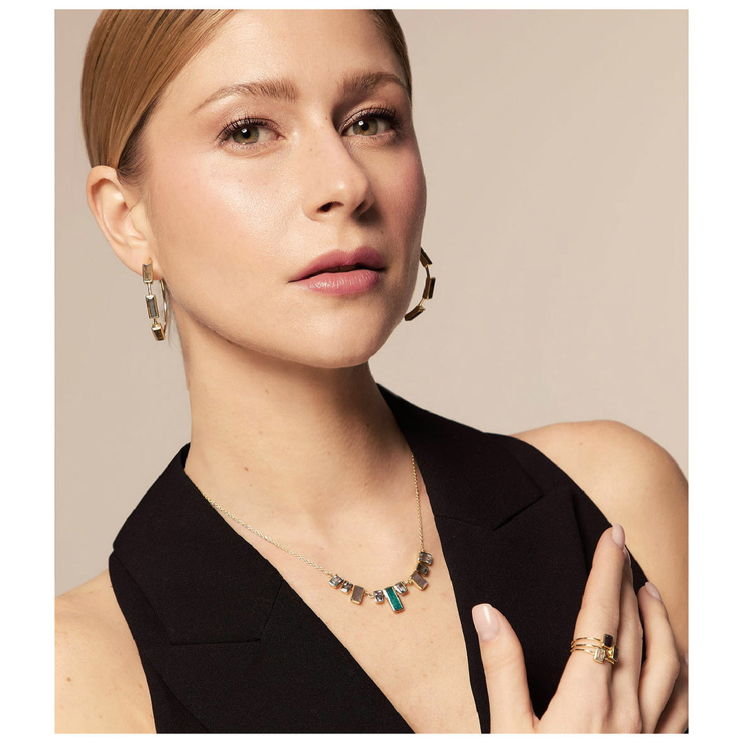 Architectural open hoop earrings with faceted labradorite gemstones