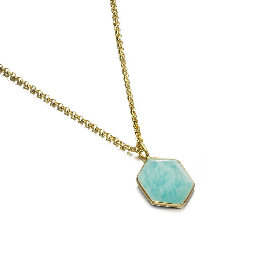 Hexagon-cut amazonite pendant with sterling silver and gold vermeil frame