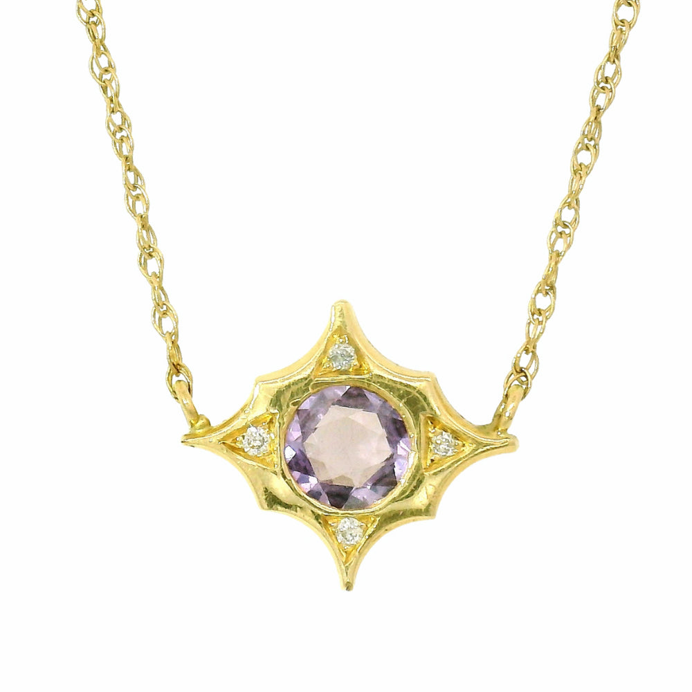 Close-up of round purple sapphire and diamond detail on pendant