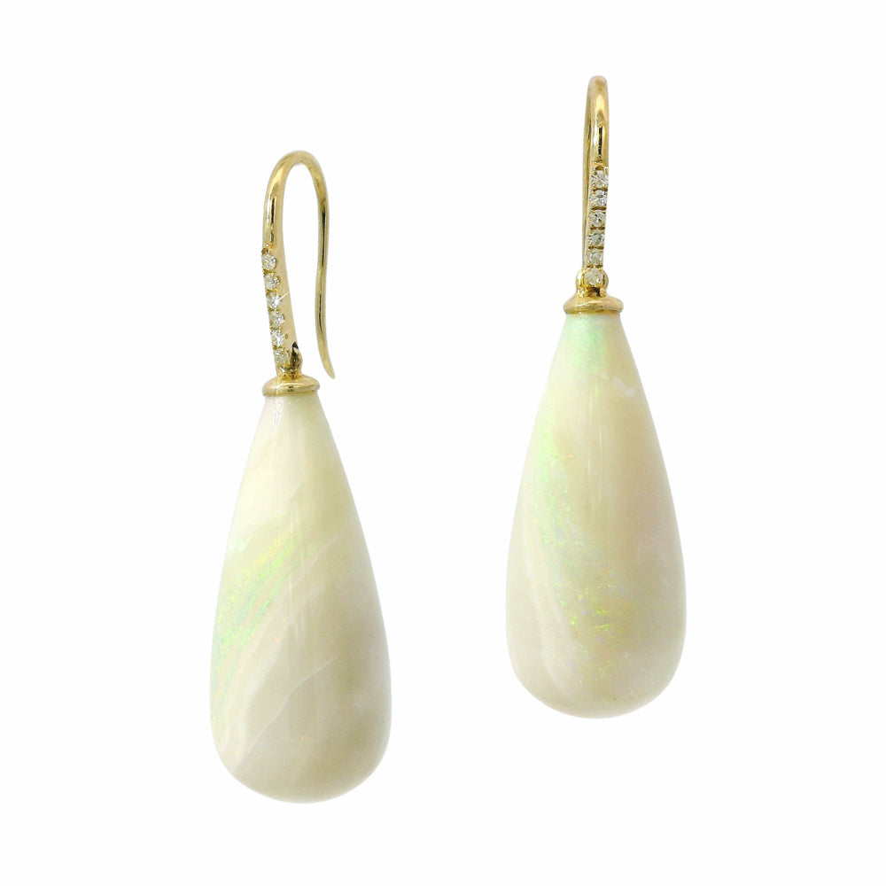 Veil elongated opal and diamond earrings by Julie Romanenko in 14K gold