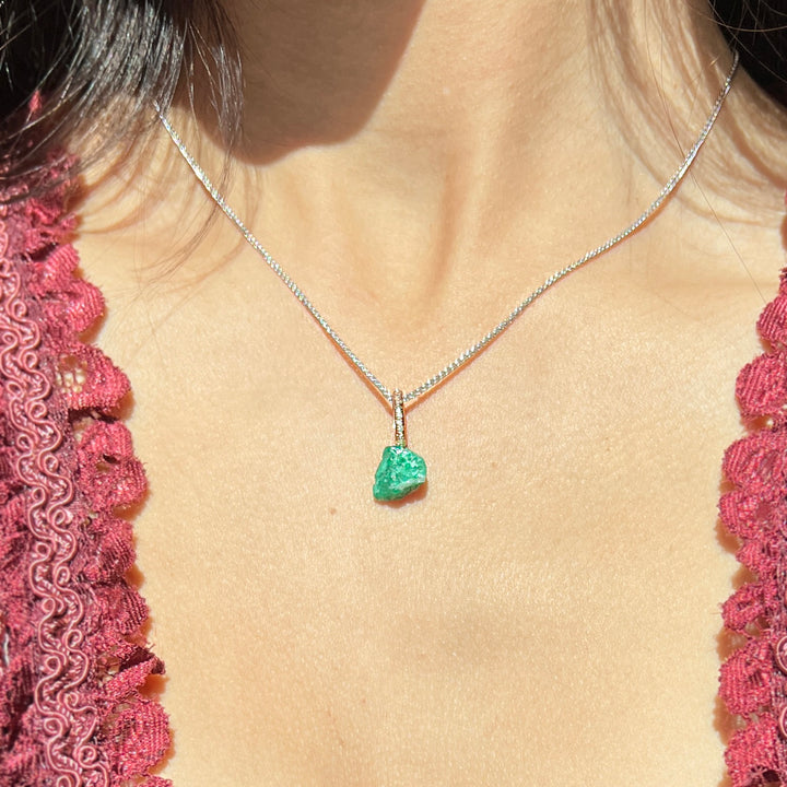 Rough Emerald, Diamond, & Rose Gold Pendant - "Esmeralda"