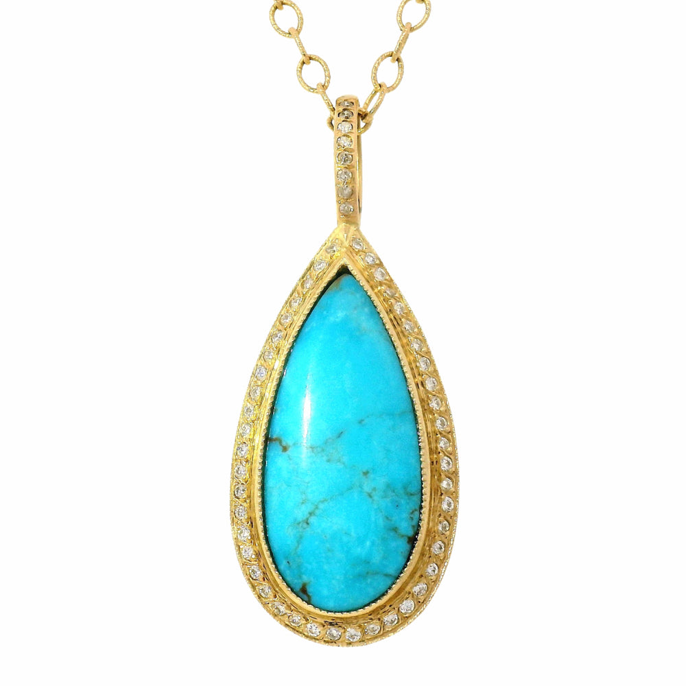 Close-up of Kingman turquoise matrix and diamond detail on pendant