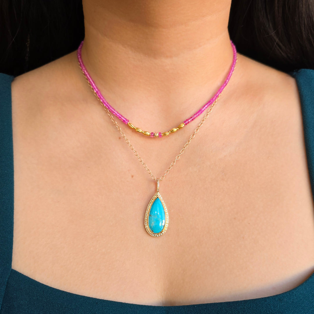 Desert Reliquary Kingman turquoise necklace in 14K yellow gold worn with layered look