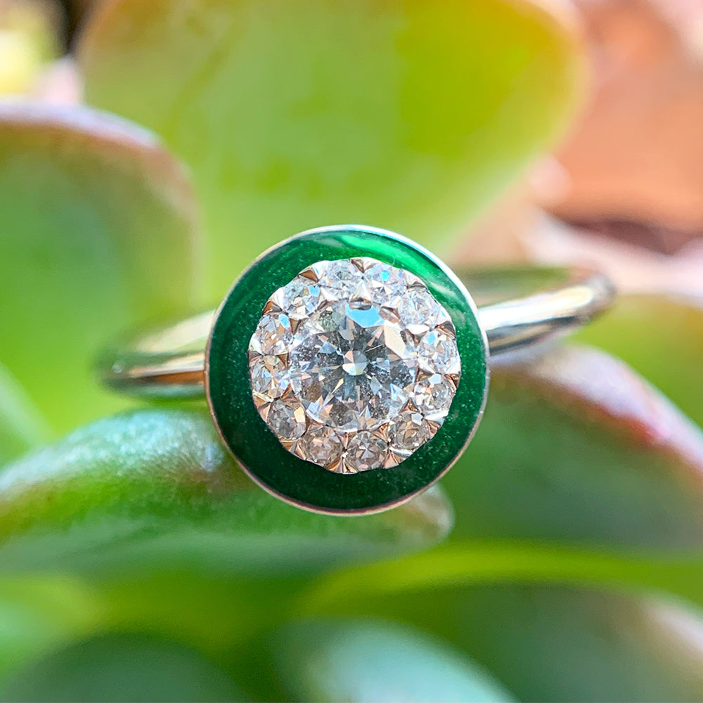 Kinetic Ceramic Halo & Diamond Ring - "Happy Dark Green"