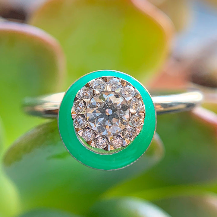 Kinetic Ceramic Halo & Diamond Ring - "Happy Aqua Green"