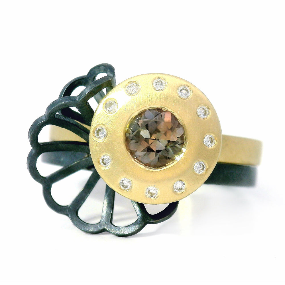 Montana sapphire halo ring with origami accent ring by Karin Jacobson