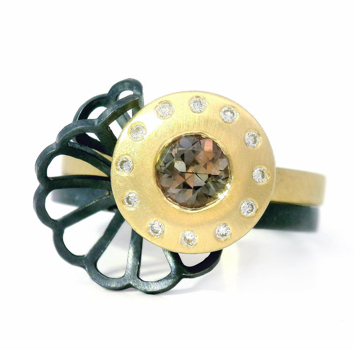 Montana sapphire halo ring with origami accent ring by Karin Jacobson