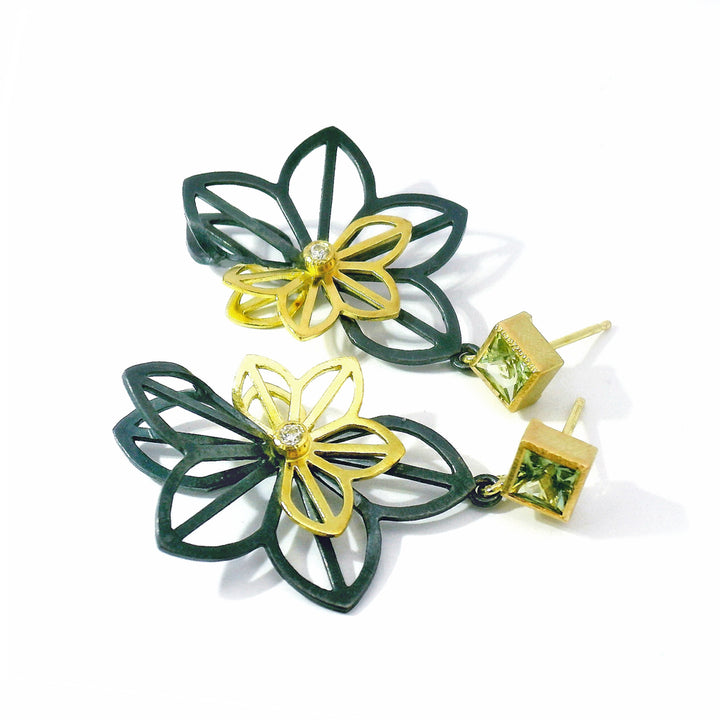 Green Montana sapphire floral earrings by Karin Jacobson in gold and oxidized silver