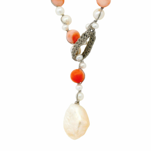 Vintage Angel Skin Coral & Pearl Crocheted Necklace - "Peachy Vibes"
