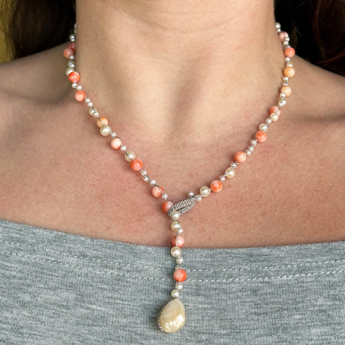 Vintage Angel Skin Coral & Pearl Crocheted Necklace - "Peachy Vibes"
