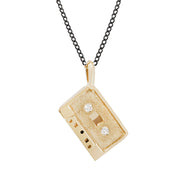 Diamond Accented Yellow Gold Medium Mixtape Pendant & Oxidized Silver Curb Chain