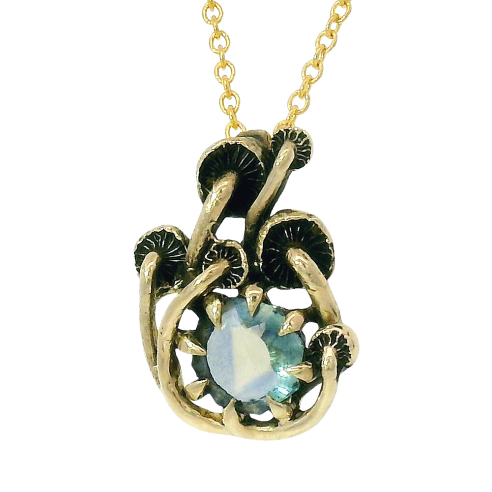 Octagonal sapphire pendant with sculptural mushroom detail