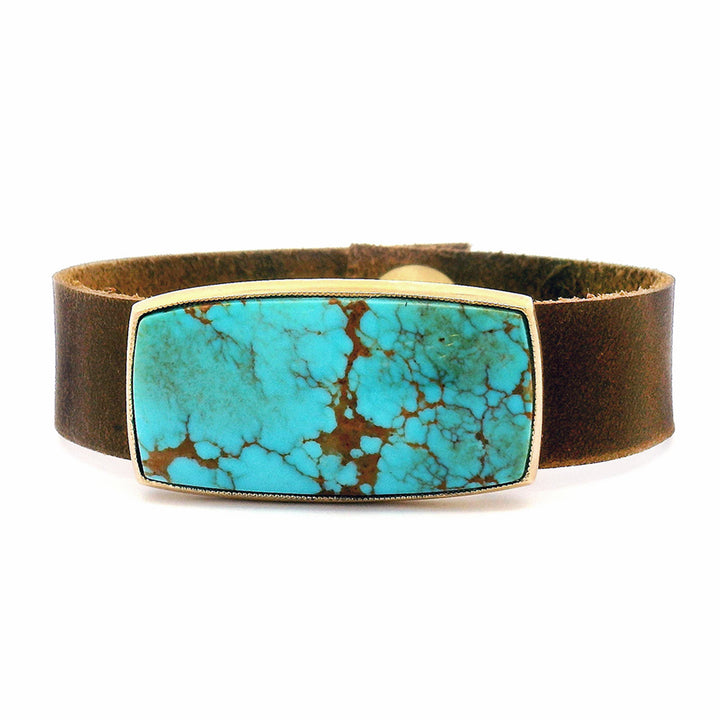 Kingman Turquoise & Yellow Gold Leather Cuff Bracelet - "Cowgirl's Charm"