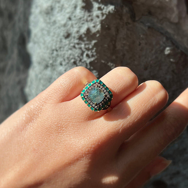 Montana Sapphire, Diamond & Enamel Ring - "Rock Candy Teal Dream"