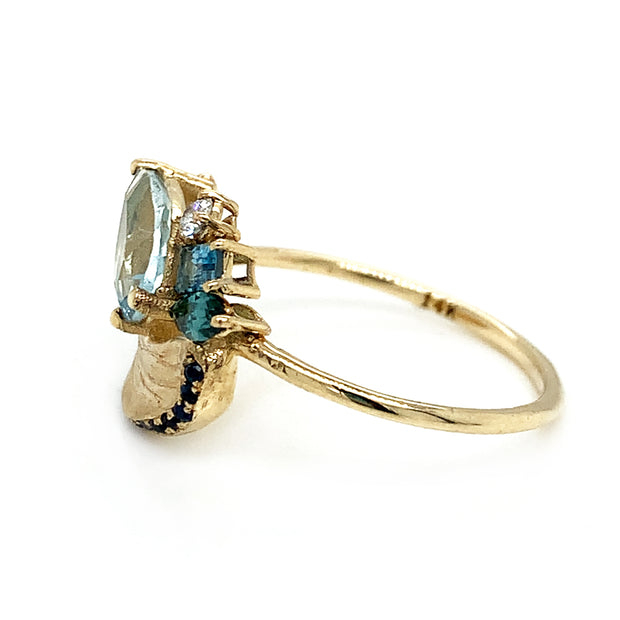 Aquamarine, Sapphire, Blue Topaz, Tourmaline & Diamond Ring - "Impasto Lagoon"